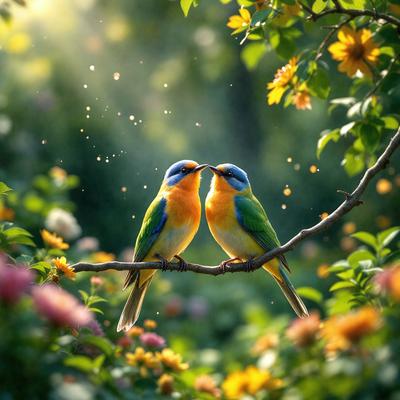 The primary subject of the image is a pair of colorful birds, specifically two blue and yellow birds, sitting on a tree branch. The setting is a lush green forest with flowers and leaves surrounding the birds. The visual style is a combination of photo and digital art, creating a vibrant and natural atmosphere. The colors and mood of the image are predominantly bright and cheerful, with the birds' vivid colors contrasting against the greenery of the forest.